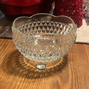 Indiana Glass Diamond Point clear crystal three-footed bon bon or candy dish.